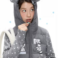 Gray polka-dot lightweight down jacket with bear-ear hood