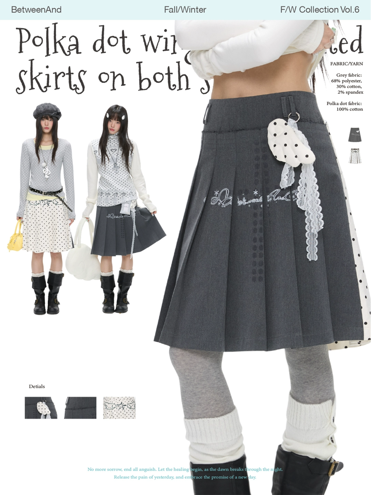 Grey and white two-face pleated skirt with polka-dot panels