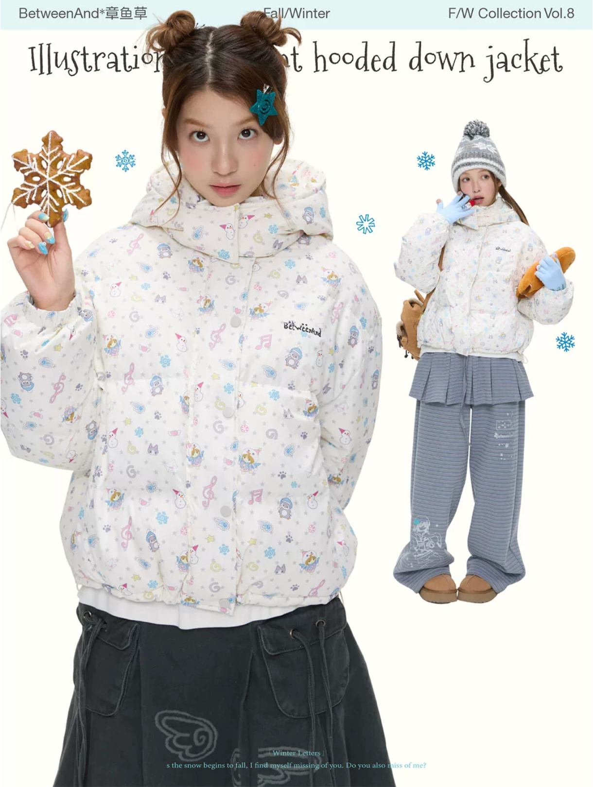 Illustration full penguin print hooded down jacket