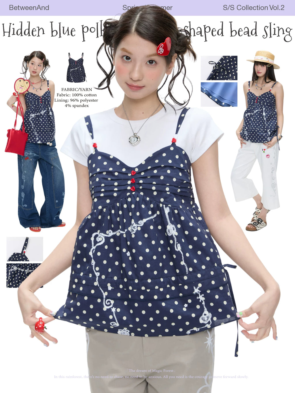 Hidden blue polka dot heart-shaped bead sling tank top