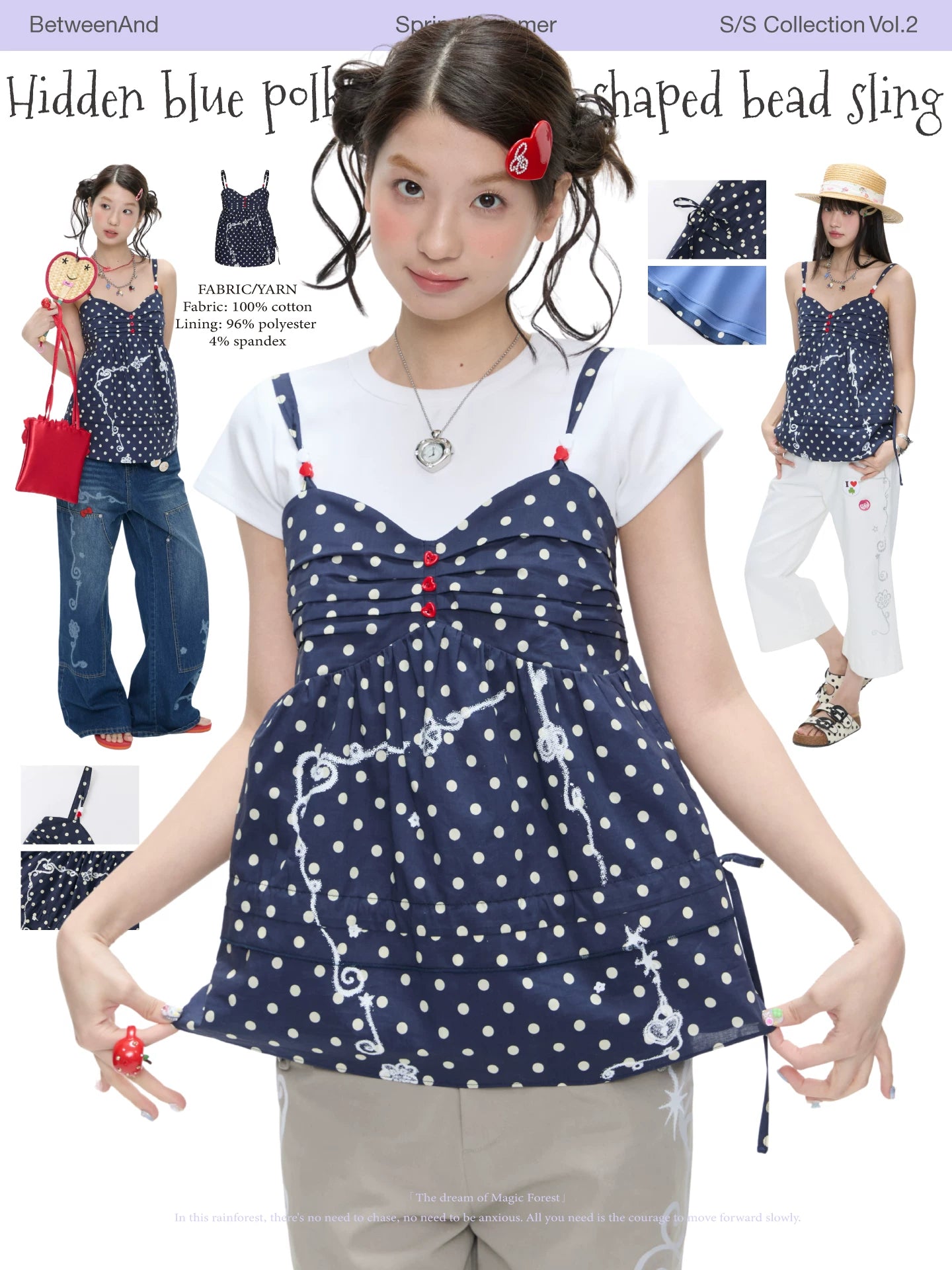 Hidden blue polka dot heart-shaped bead sling tank top
