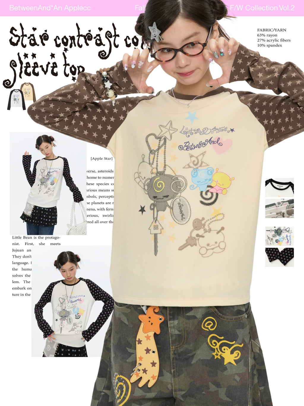 Star contrast color raglan long sleeve top