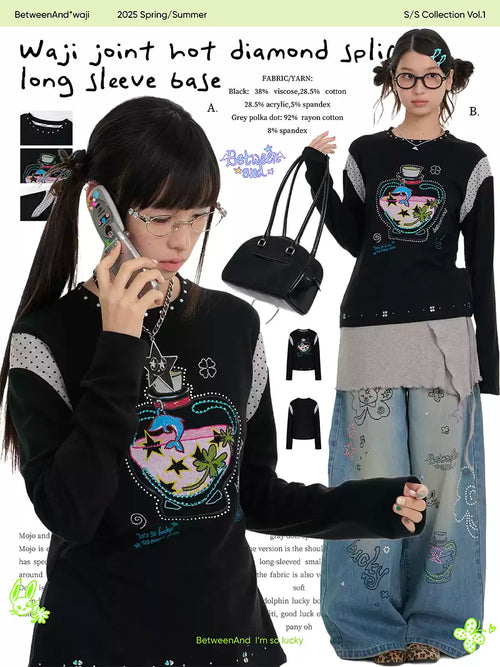 Black dolphin “lucky bottle” rhinestone patchwork long-sleeve tee