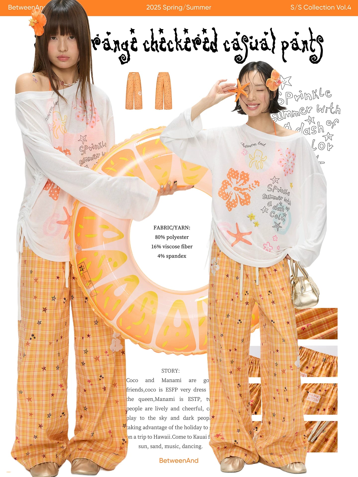 Orange checkered stars print pants