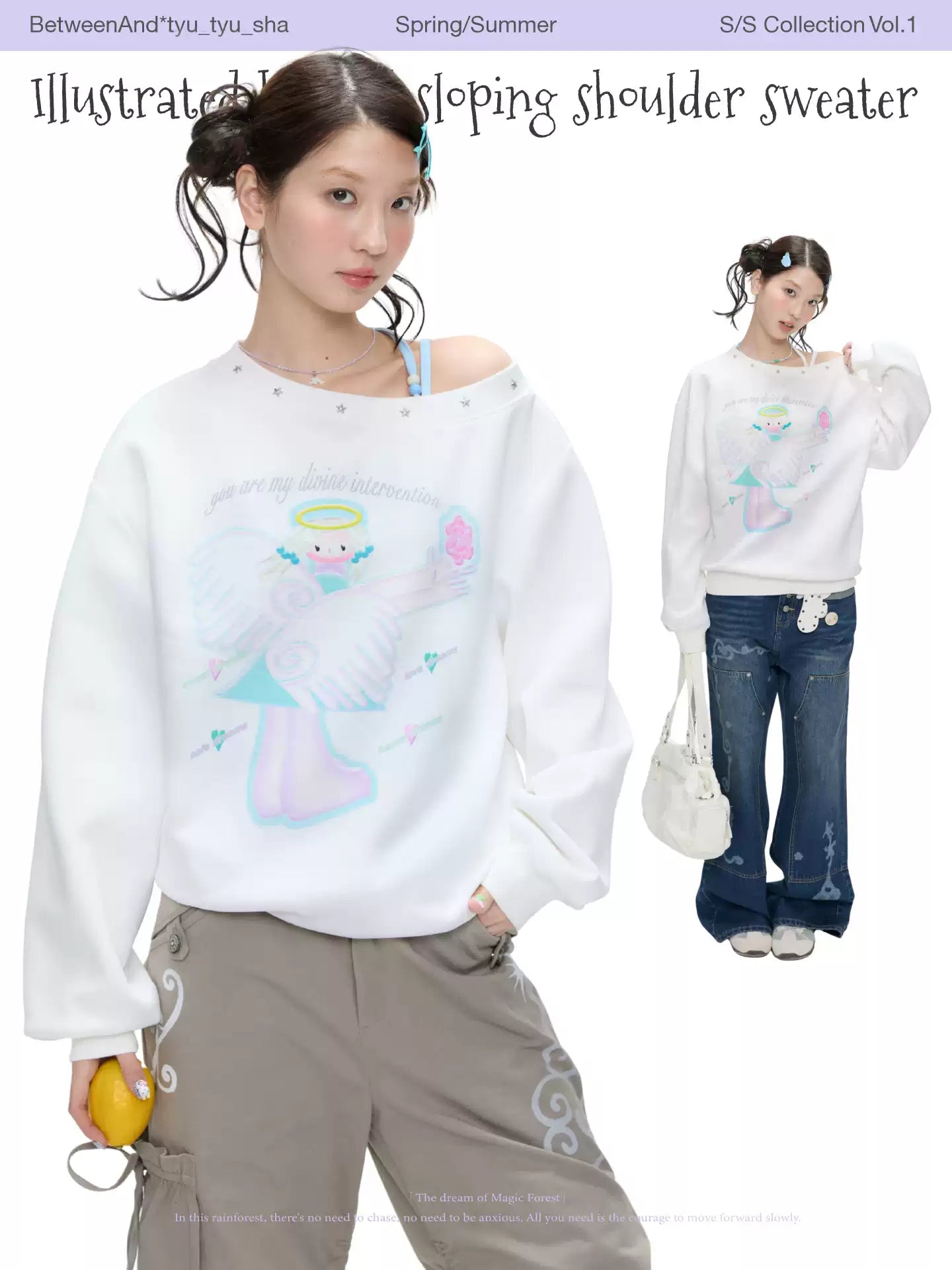 Illustrated beaded sloping shoulder sweater