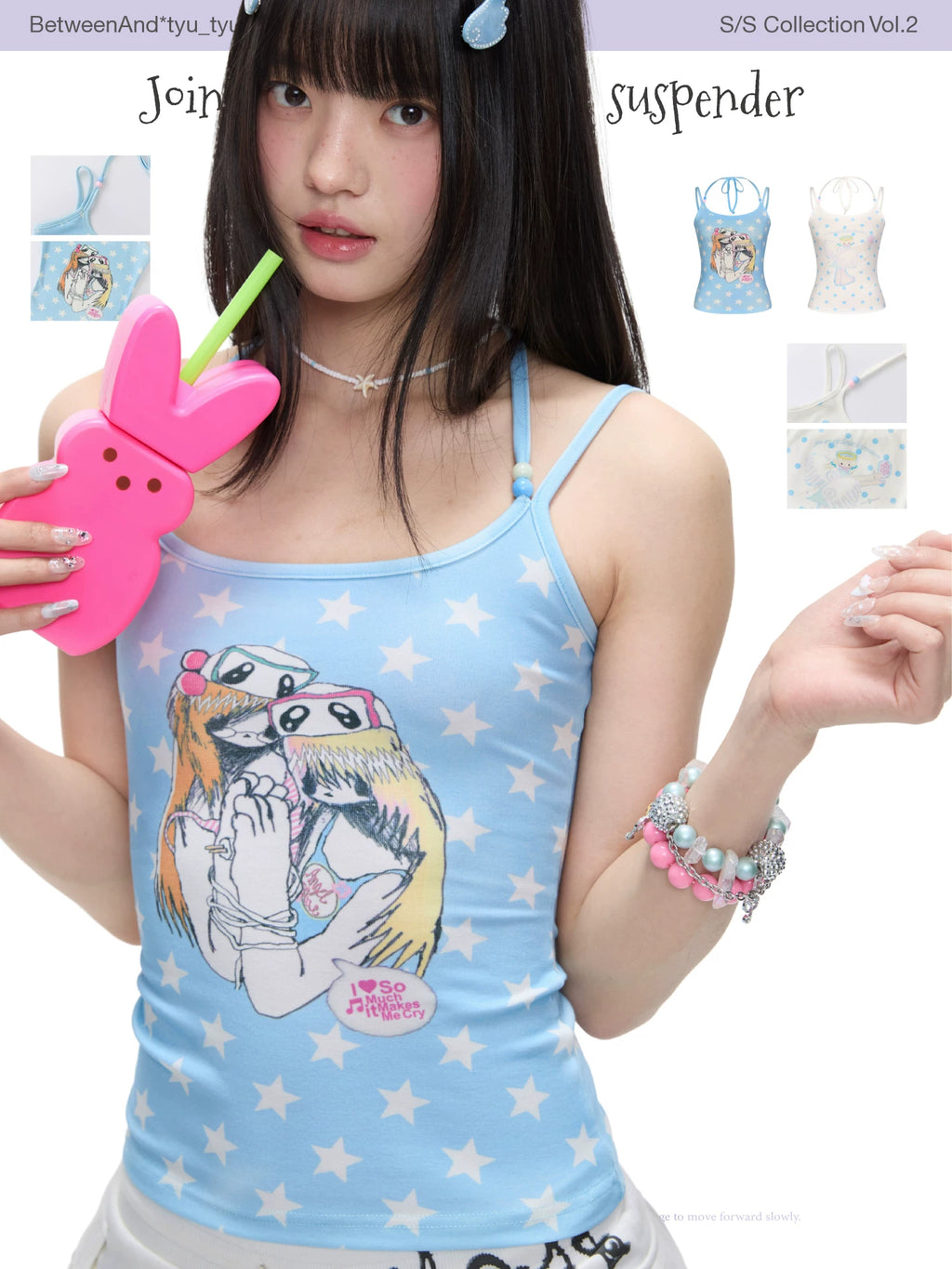 Joint illustration bead suspender tank top