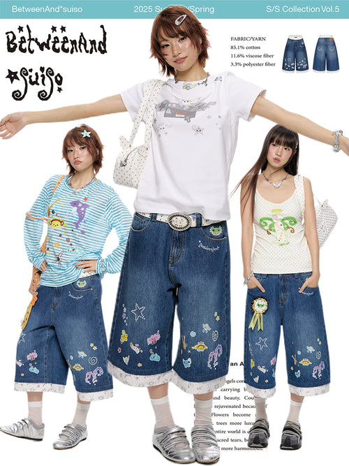*suiso collaboration printed denim capri pants