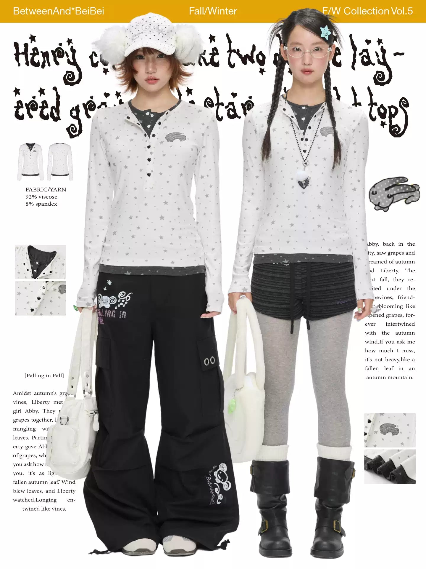 Layered Henley top with grey & white star polka-dot design