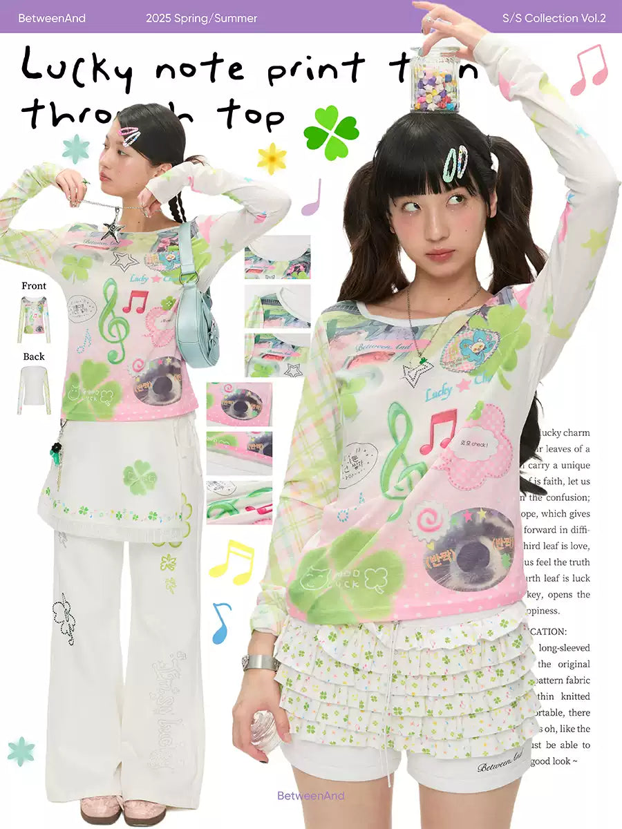 Y2K music note print long sleeve top with patchwork design