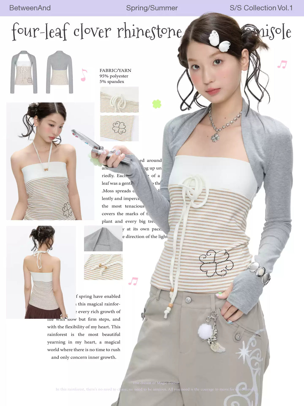 Four-leaf clover rhinestone striped camisole top