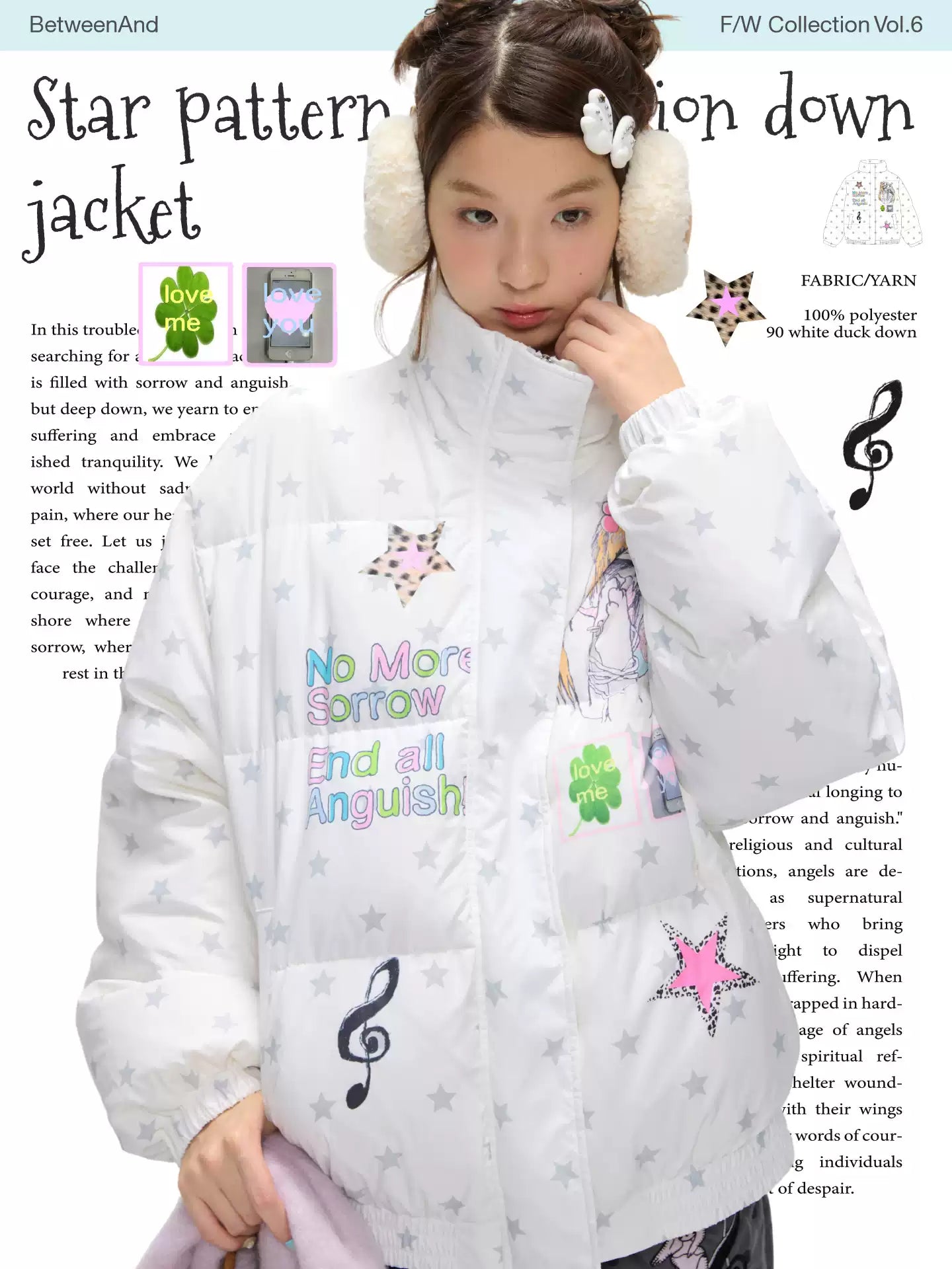 White star print down jacket with 90% duck filling and puffer design