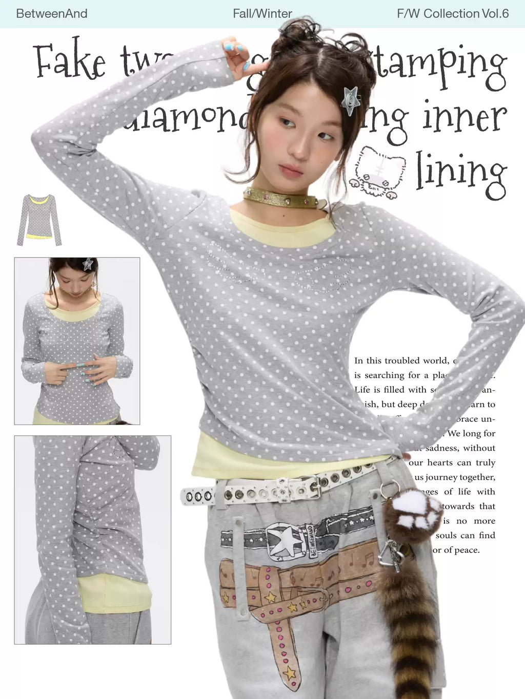 Soft faux-layer polka-dot long sleeve top