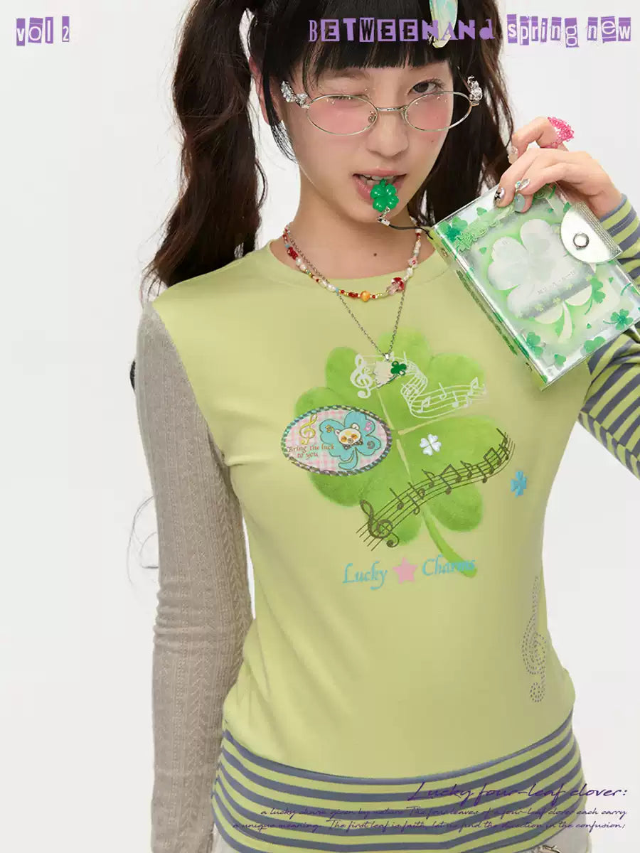 Four-leaf clover print green color long sleeve top