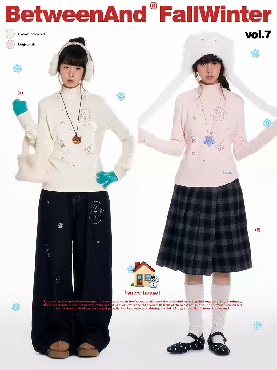 “Winter Creamy Soft” mock-neck fitted long-sleeve base top with rhinestone details