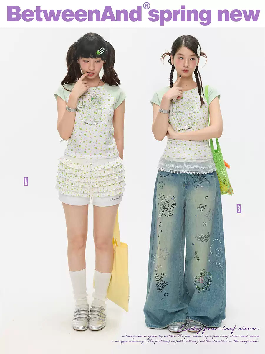 LOVE Four-leaf clover hot drill short t-shirt