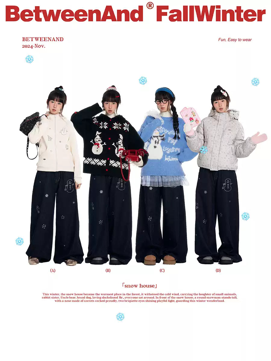 小さな雪だるまプリントのヴィンテージワイドレッグジーンズ