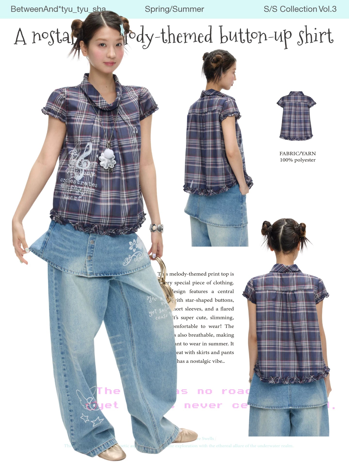 A nostalgic melody-themed button up checked top
