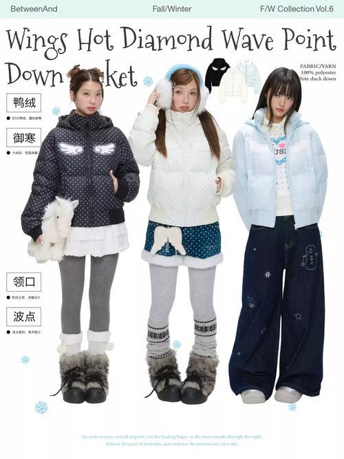 Baby blue polka dot down jacket with hood and warm duck filling with wings print