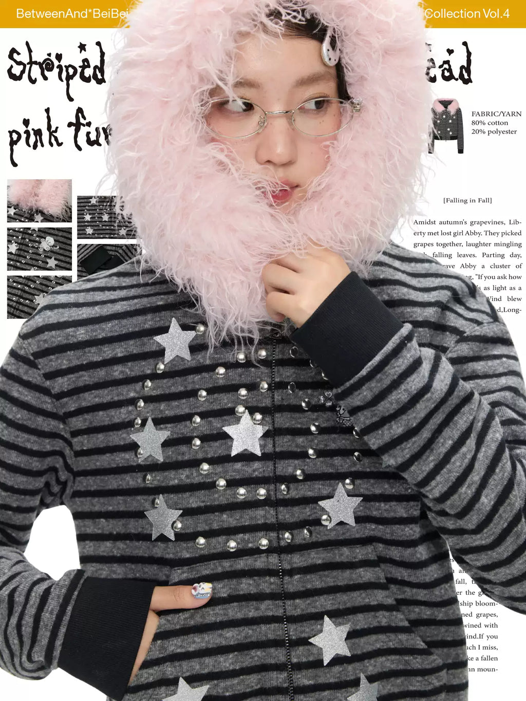Striped glitter print star hot bead pink fur collar jacket