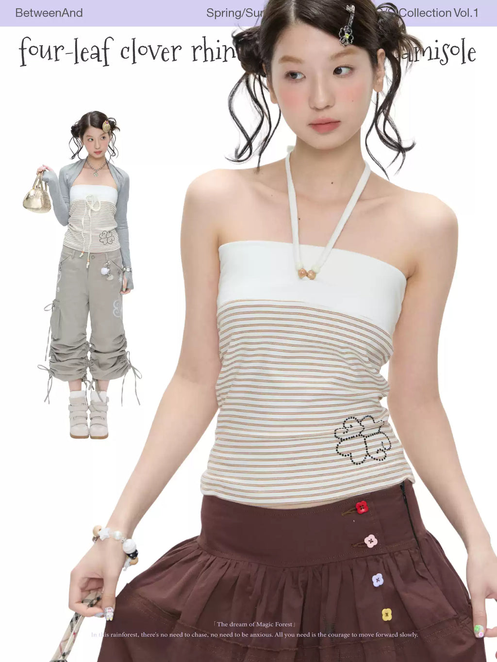 Four-leaf clover rhinestone striped camisole top