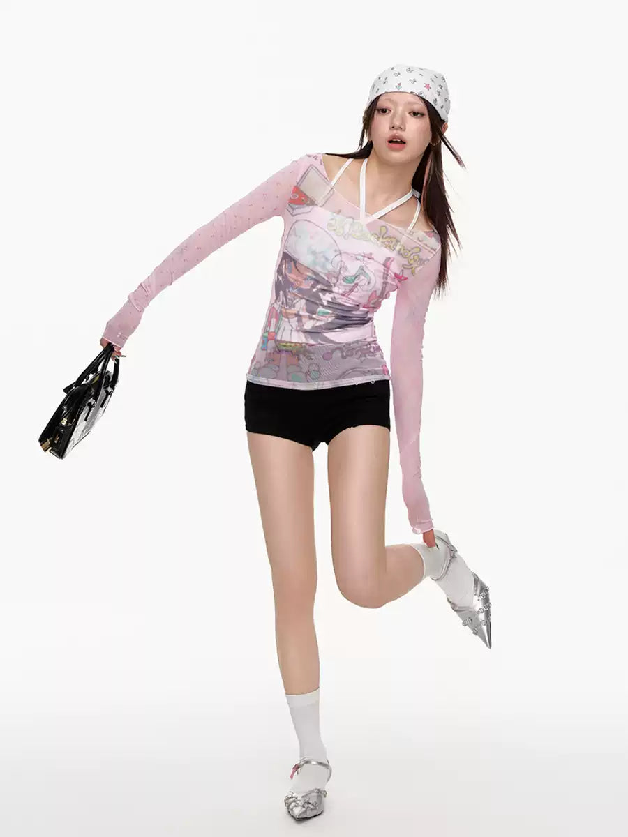 Pink mesh patchwork off shoulder top with Y2K design