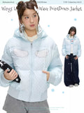 Baby blue polka dot down jacket with hood and warm duck filling with wings print