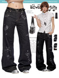 Denim low waist straight jeans with glitter finish
