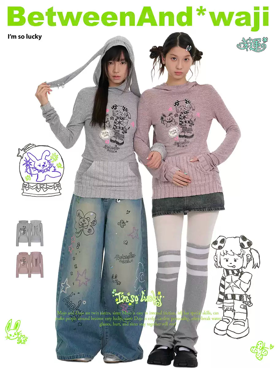 Bunny ears hat foam print long sleeve top