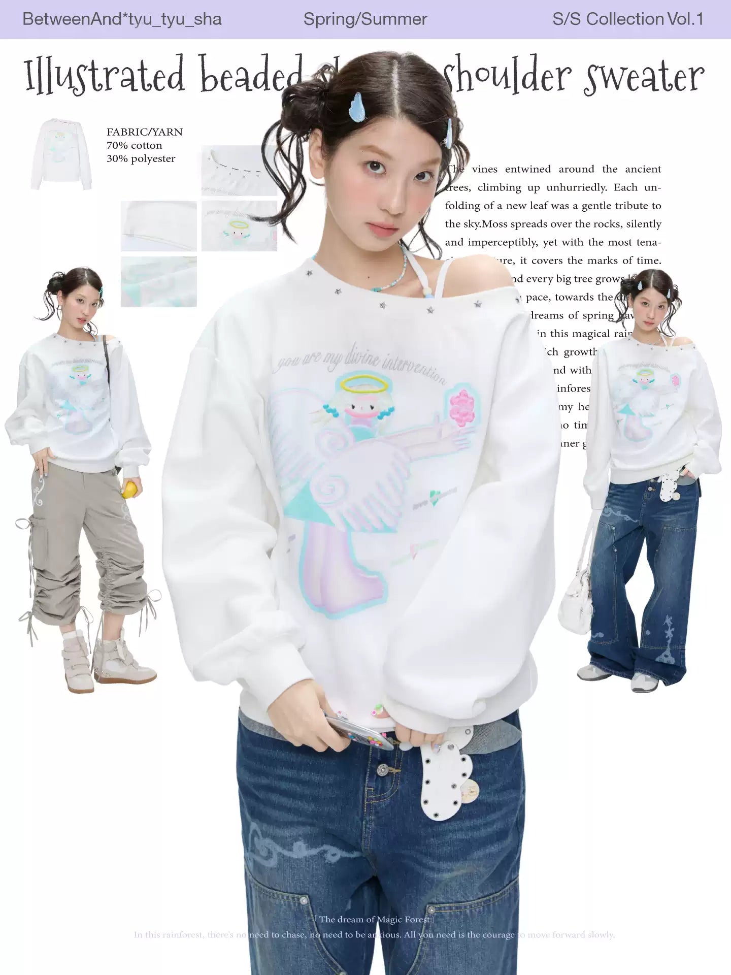 Illustrated beaded sloping shoulder sweater