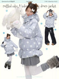 Ruffled edge medium to long down jacket with polka dots