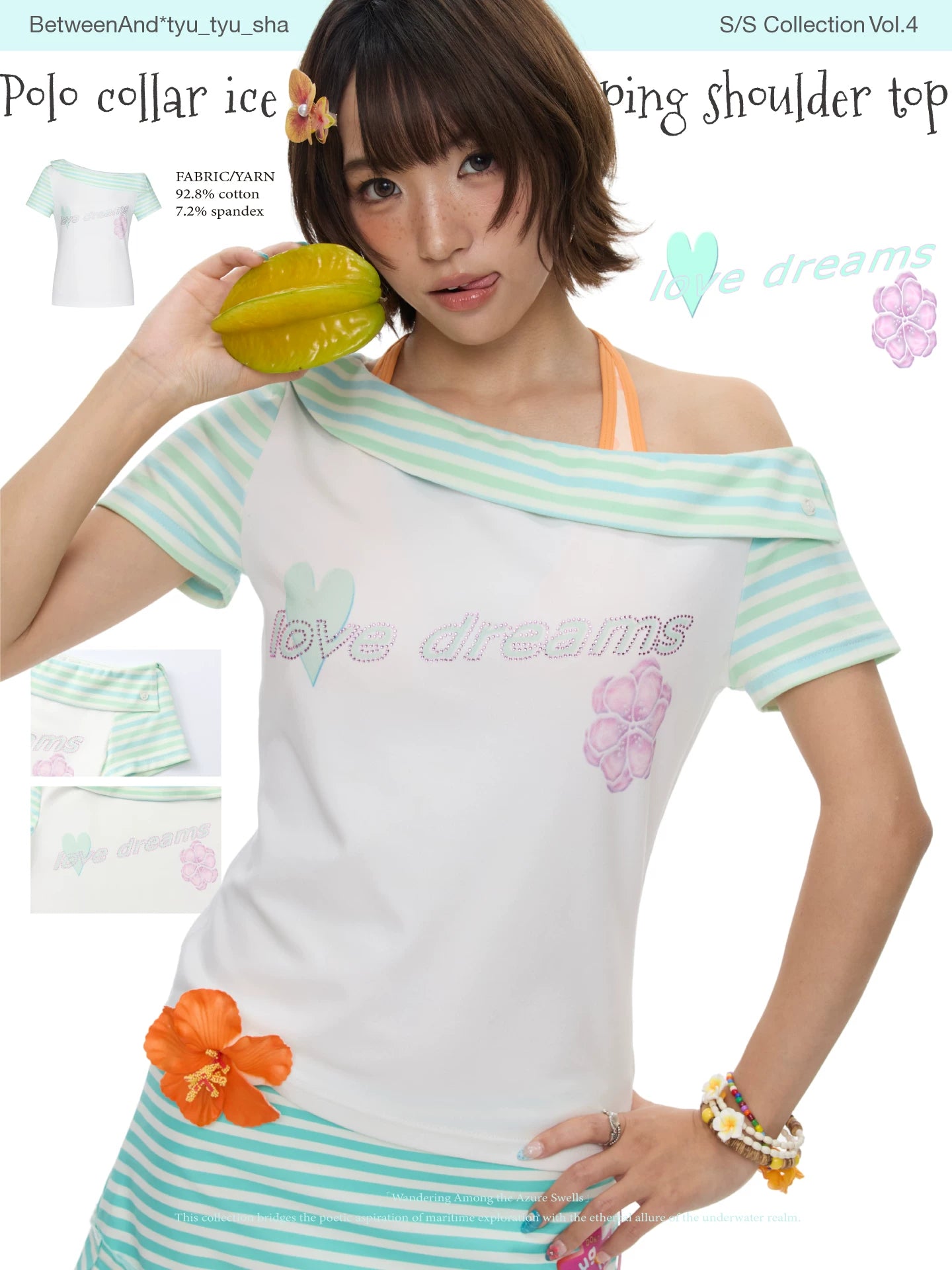 "Bye dreams" polo collar sloping shoulder top