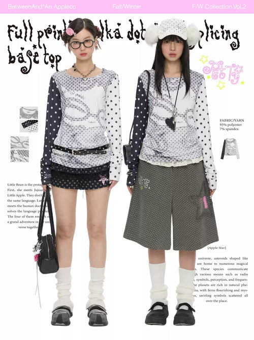 Anime pixel dot print long sleeve top with patchwork design