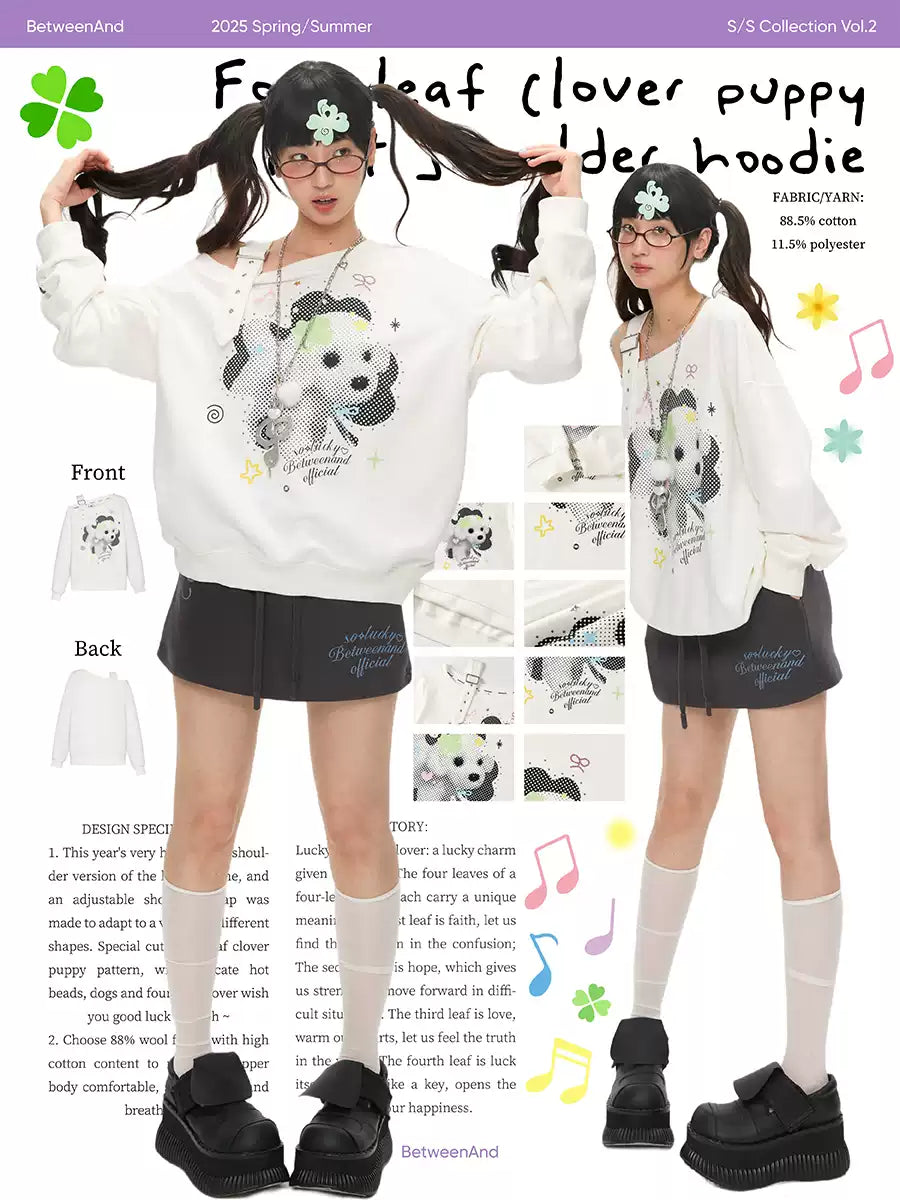 White clover dog off shoulder sweatshirt with adjustable strap design
