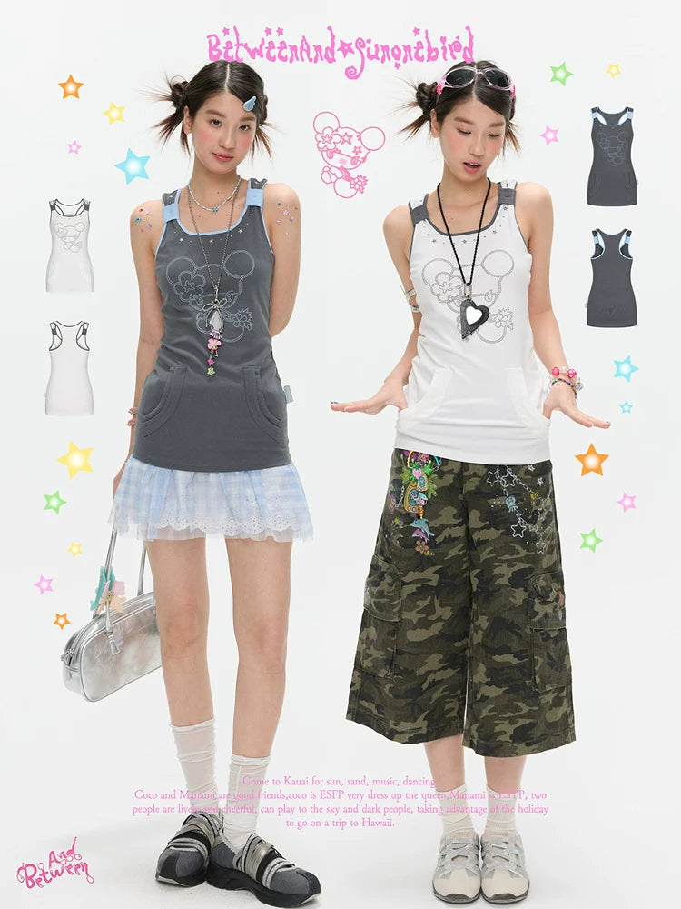 Summer joint beaded fake pocket vest