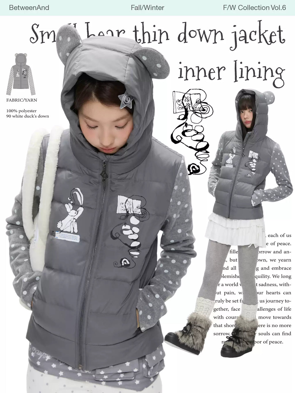 Gray polka-dot lightweight down jacket with bear-ear hood