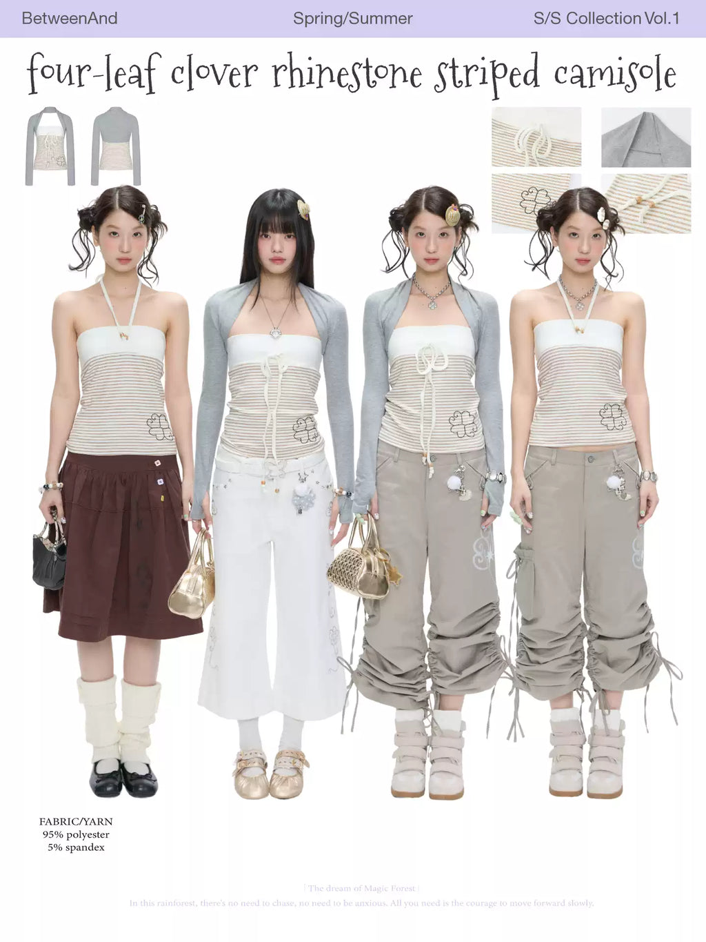 Four-leaf clover rhinestone striped camisole top