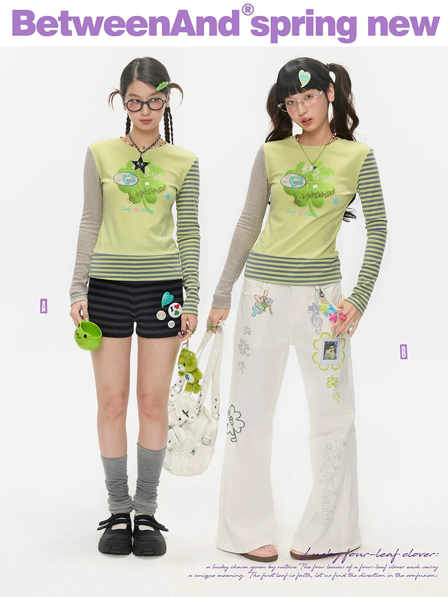 Four-leaf clover print green color long sleeve top