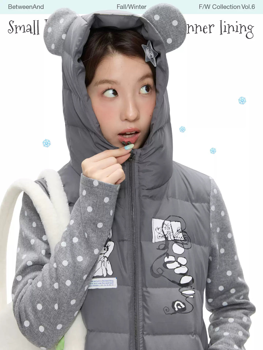 Gray polka-dot lightweight down jacket with bear-ear hood