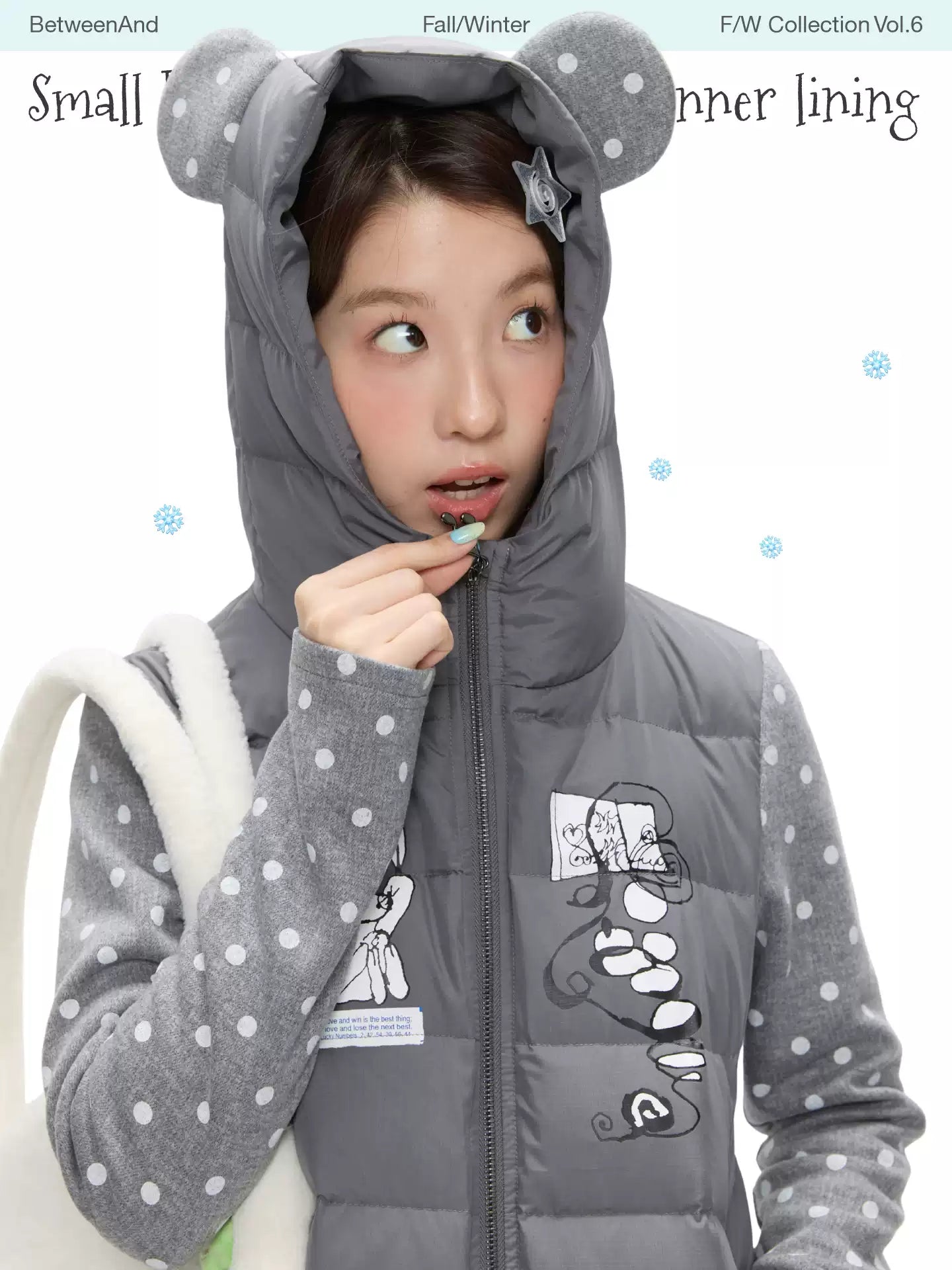 Gray polka-dot lightweight down jacket with bear-ear hood