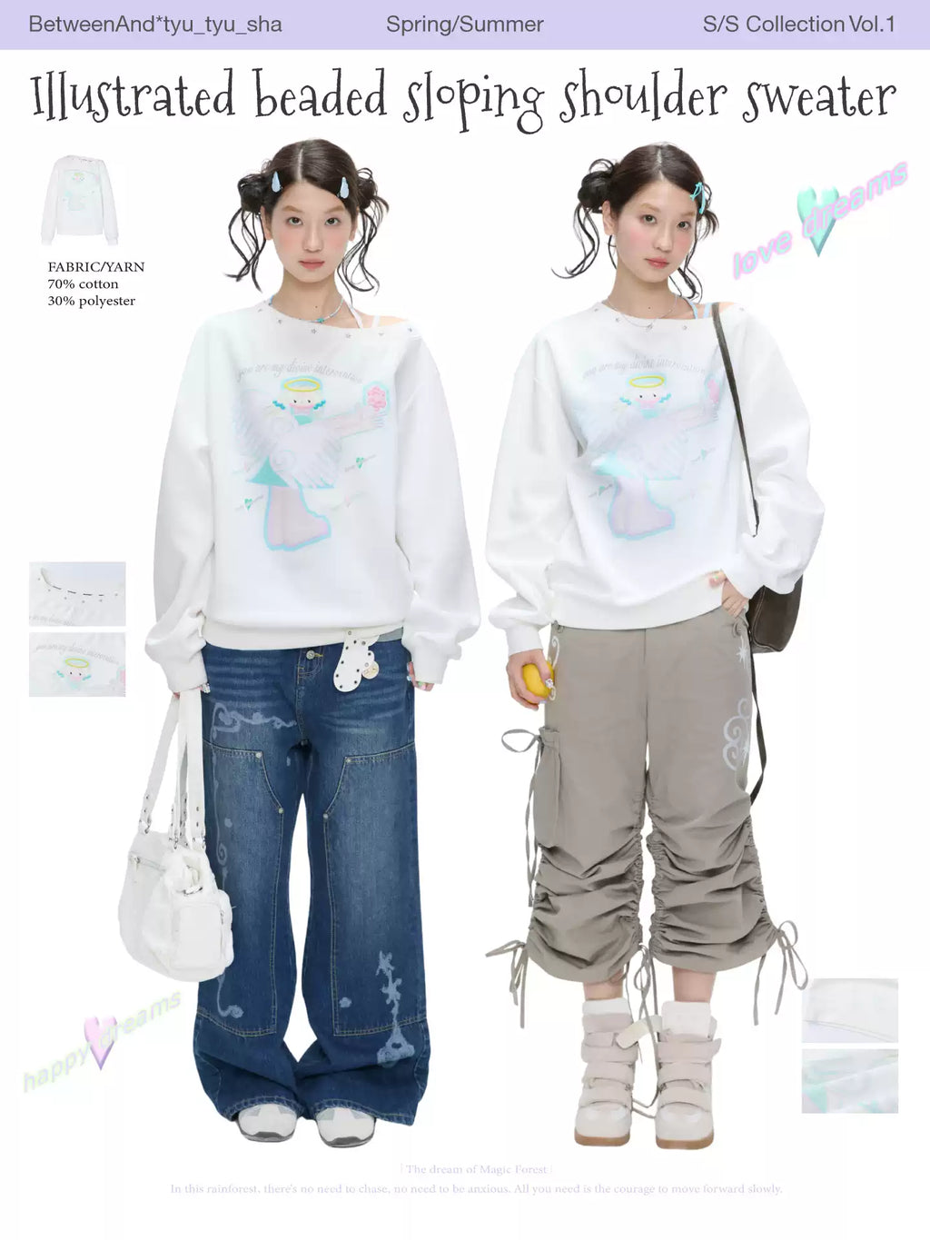 Illustrated beaded sloping shoulder sweater