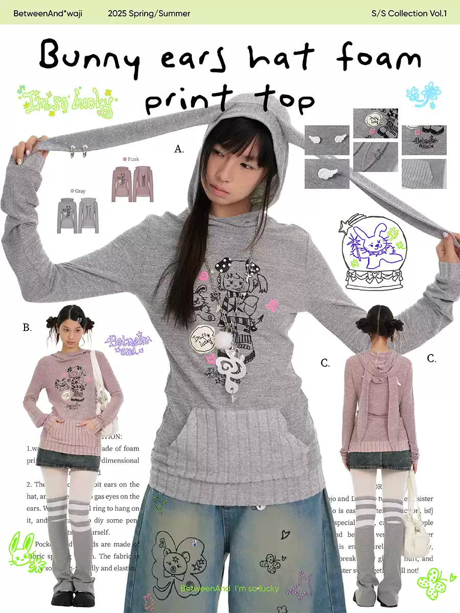 Bunny ears hat foam print long sleeve top