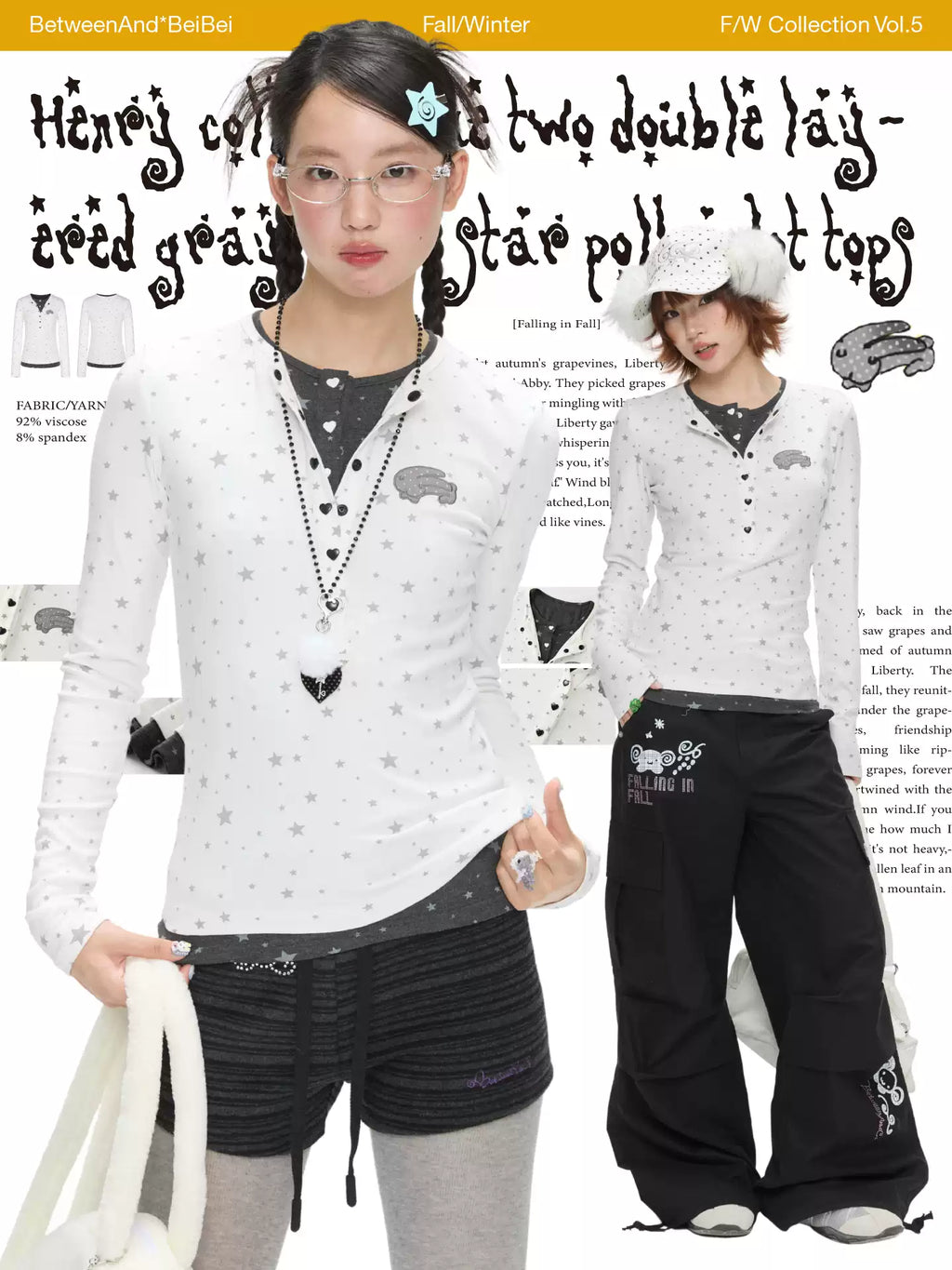 Layered Henley top with grey & white star polka-dot design