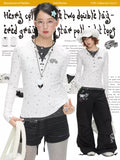 Layered Henley top with grey & white star polka-dot design