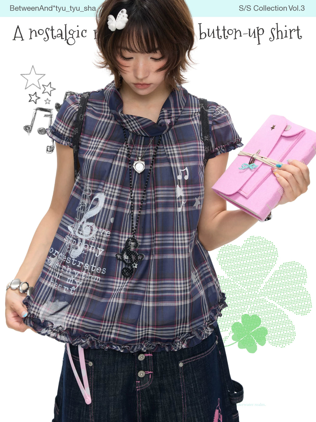 A nostalgic melody-themed button up checked top