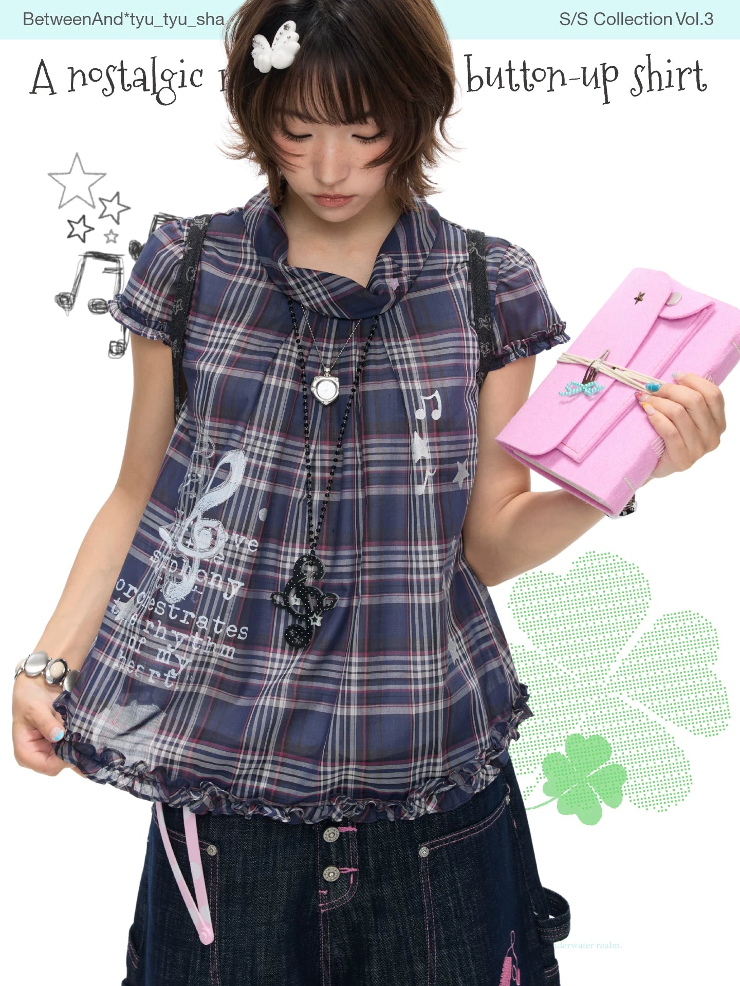 A nostalgic melody-themed button up checked top