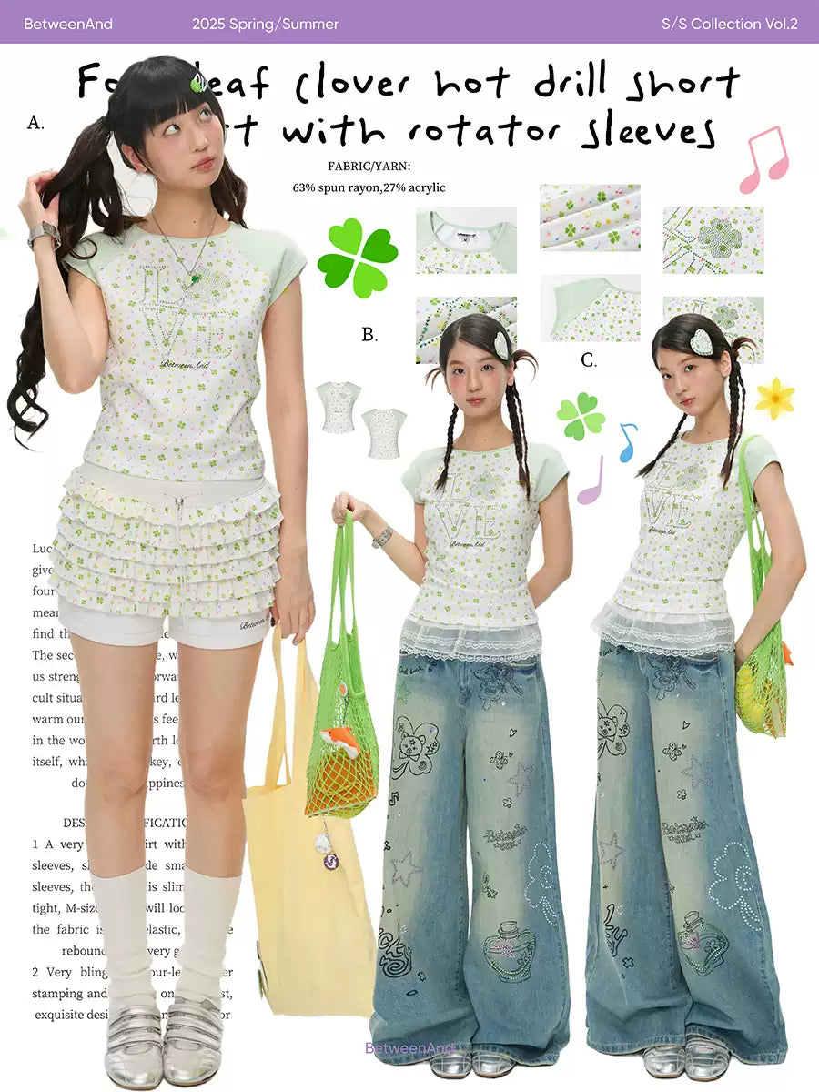 LOVE Four-leaf clover hot drill short t-shirt