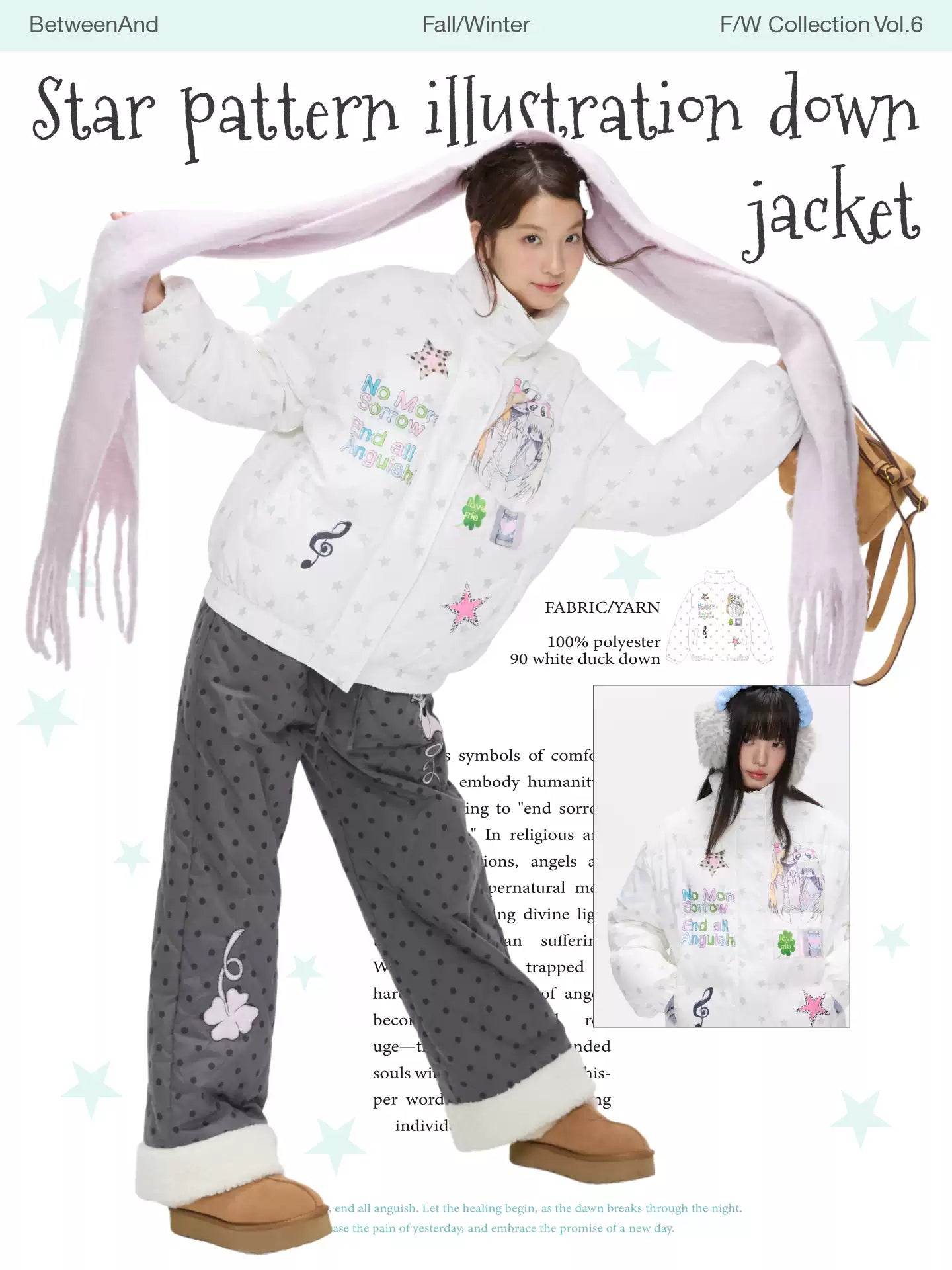 White star print down jacket with 90% duck filling and puffer design