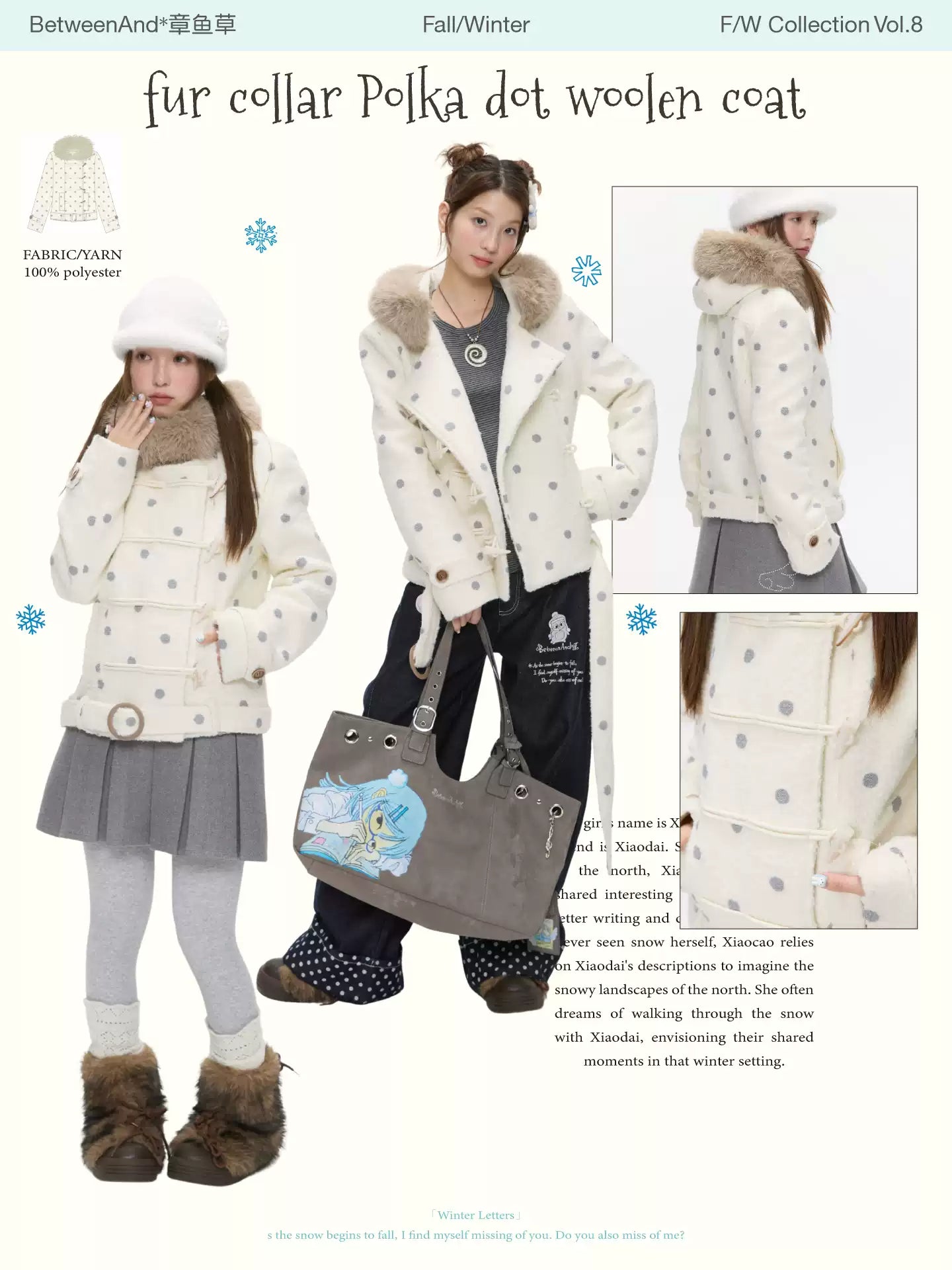 Fur collar Polka dot woolen coat