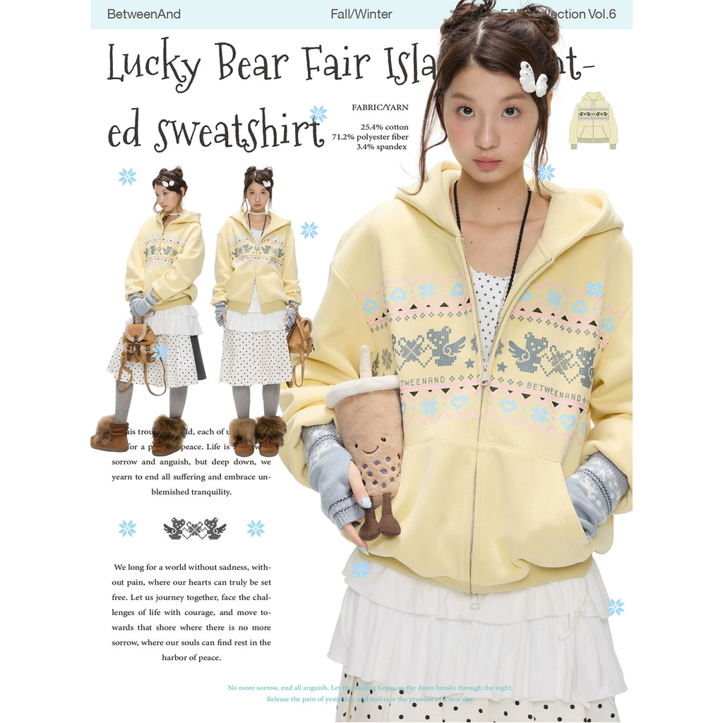 Yellow Fair Isle bear hoodie with fleece lining