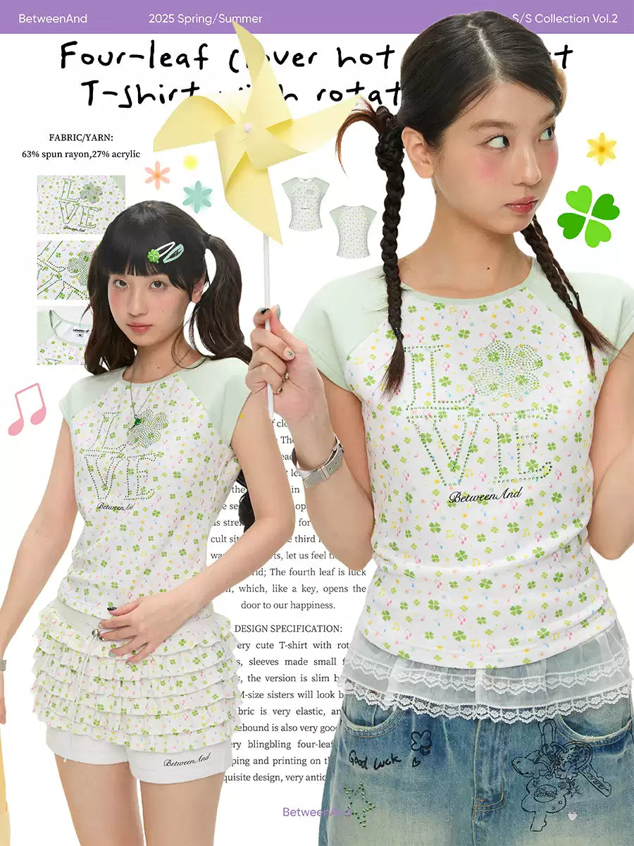 LOVE Four-leaf clover hot drill short t-shirt